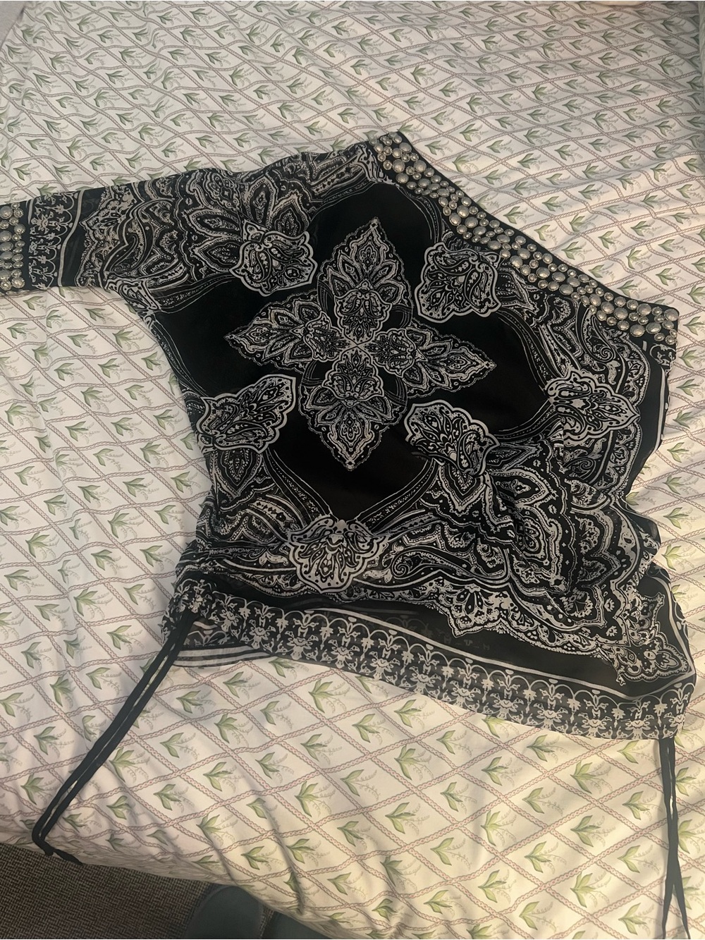 Black Paisley Print Women's One-Shoulder Blouse with Studded Details